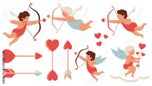 Colorful cartoon cupid angels shooting heart arrows and holding hearts