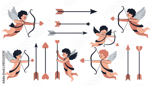 Colorful cartoon cupids shooting arrows with heart-tipped arrows flying through the air