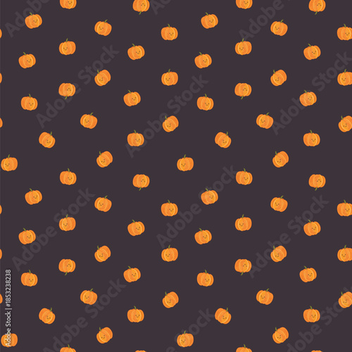 Smiling pumpkin baby seamless vector pattern on dark background.