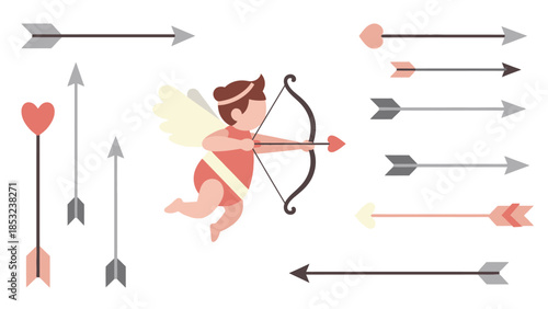 Cupid baby with bow and arrow shooting heart-tipped arrows in flight
