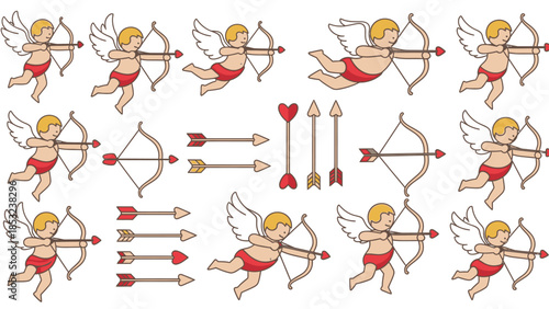 Cupid cherubs shooting arrows with bows in various positions and arrows in different directions
