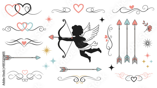 Cupid with bow and arrow surrounded by hearts and decorative love