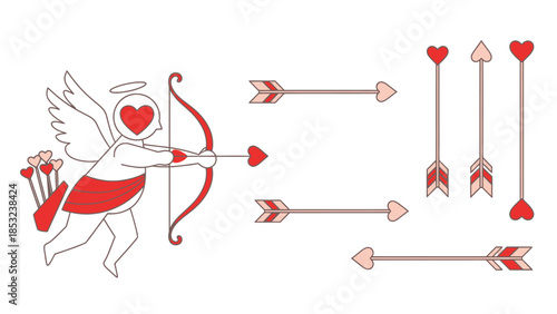 Cupid with red heart face shooting heart-tipped arrows angel