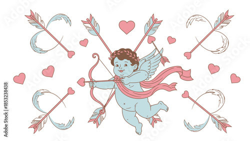 Cute baby cherub with bow and arrow surrounded by hearts and arrows angel