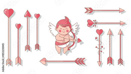 Cute cartoon baby cupid with heart arrows and bow
