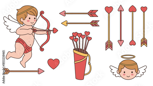 Cute cartoon cherub shooting heart arrows with a quiver and halo baby angel