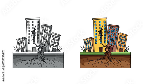 Illustrating earthquake damage with a split view of buildings and ground cracks