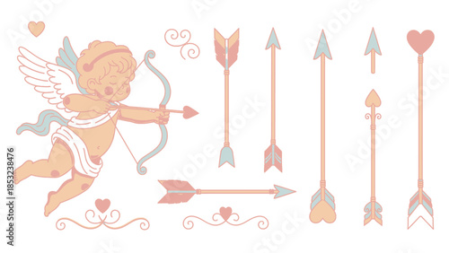 Cute cartoon cherub shooting heart-tipped arrows with bow and quiver baby angel