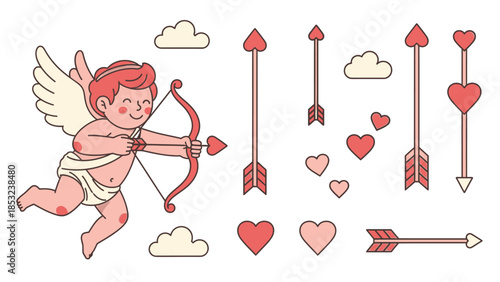 Cute cartoon cherub shooting heart arrows with clouds and hearts around baby angel