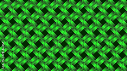 Seamless 3D geometric pattern of interconnected interlocking rings in vibrant green gradients.