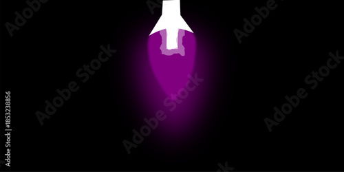 A stylized purple glowing light bulb or flame against a dark black background, emitting a vibrant violet illumination.