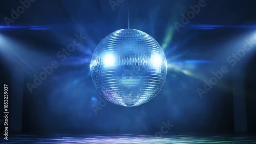 Seamless loop animation of an egg shaped disco ball reflecting blue party lights in a hazy nightclub
