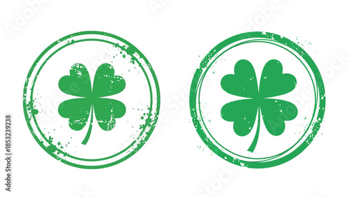 A distressed green circular stamp featuring a four leaf clover design high quality