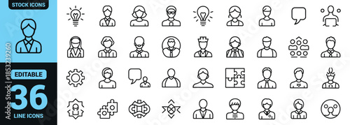 A collection of diverse linear icons representing people communication and various professional roles is displayed