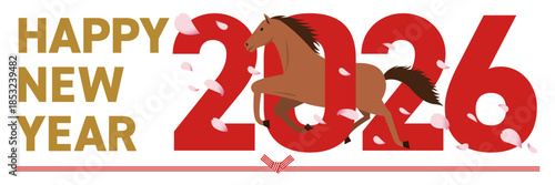 2026年をイメージした午と花吹雪が舞うhappy new yearの年賀状_横長
