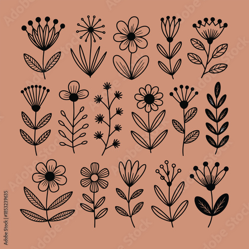 A collection of stylized black outline flowers and plants with leaves arranged on a plain brown background