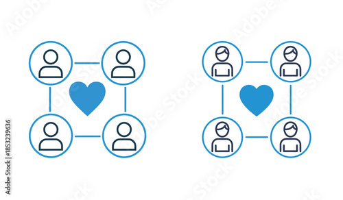 Four connected people icons surrounding a central blue heart symbol illustration high quality