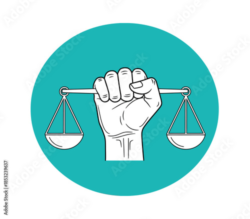 A strong hand firmly holds the scales of justice symbolizing legal power