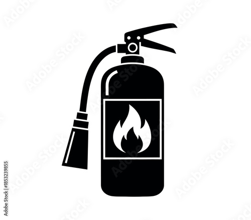 Simple black and white illustration of a fire extinguisher with a flame