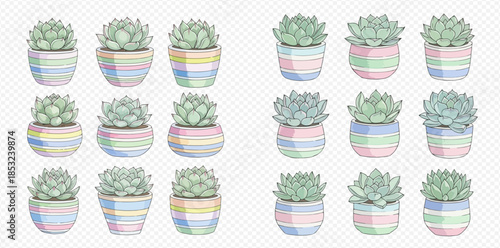 Set of potted succulents with colorful striped planters, pastel hues, and geometric shapes, perfect for home decor.