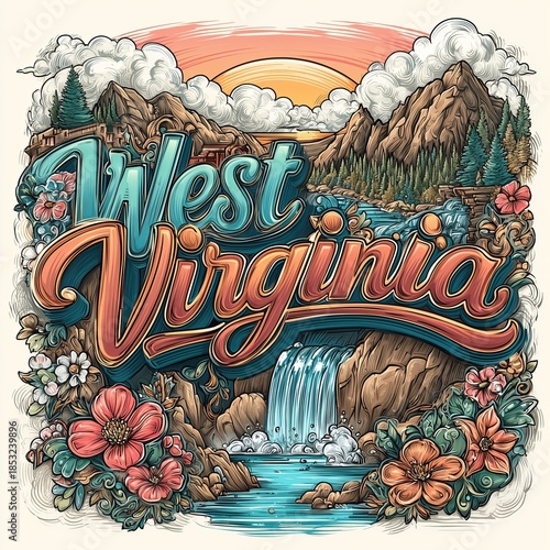 “West Virginia” flows across a mountain vista with waterfalls, wildflowers, and misty peaks at sunset. The ornate lettering and vivid details honor its scenic beauty and heritage.