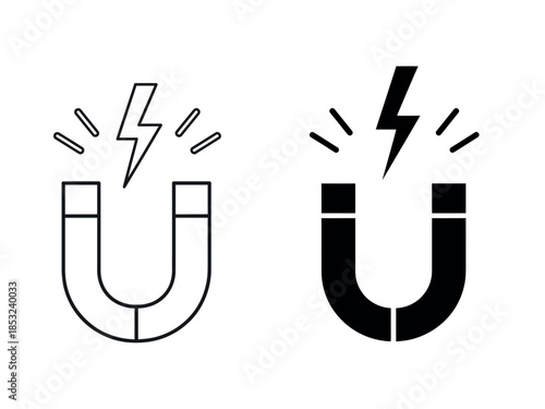 Two horseshoe magnets demonstrate attraction and repulsion with lightning bolt symbols high quality