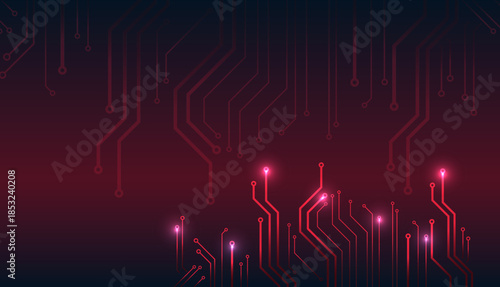 Dark futuristic technology background with glowing red circuit lines and nodes, representing digital connectivity, electronics, data processing, and high-tech innovation.