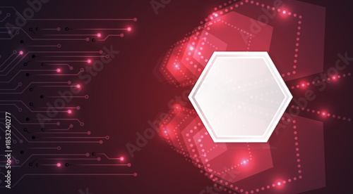 Abstract futuristic technology background with a glowing white hexagon, red neon lights, digital dots, and circuit lines, representing data flow, innovation, and high-tech connectivity.