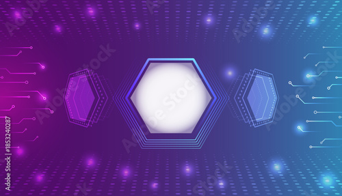 Futuristic abstract technology background with a glowing hexagonal interface, neon purple and blue gradients, digital particles, and circuit lines, symbolizing innovation and high-tech systems.