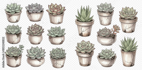 Collection of various watercolor succulent plants in rustic pots, isolated on a white background.