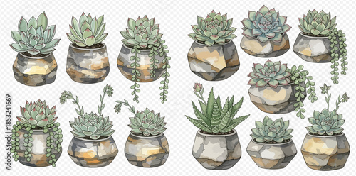 Watercolor illustration set of various green succulent plants in decorative pots, botanical garden elements.