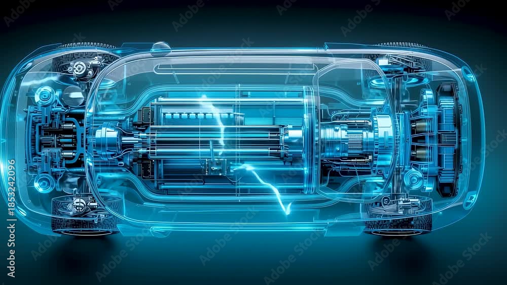 Transparent electric vehicle powertrain layout showing battery pack ...