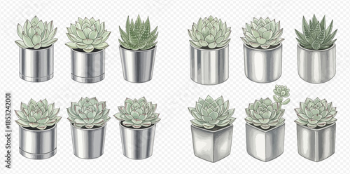 Set of various succulent plants in metallic pots, including echeveria and aloe, on transparent background.