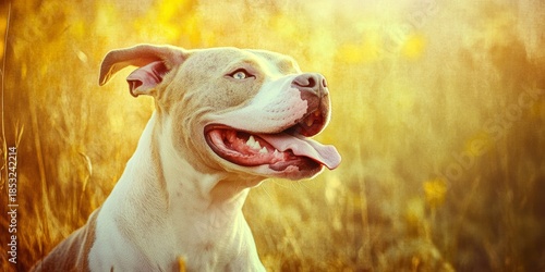 A joyful pit bull dog with its mouth open, standing on a field of dried grass and leaves. Warm and inviting autumn scene.