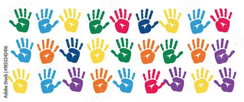 Rows of Colorful Handprints in Various Bright Colors on White Background hands children