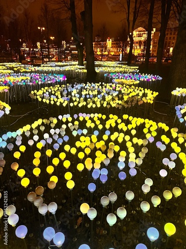 festive LED balloons.Outdoor night lights.Decorations for the garden and streets. park Decorated for Christmas .Christmas background