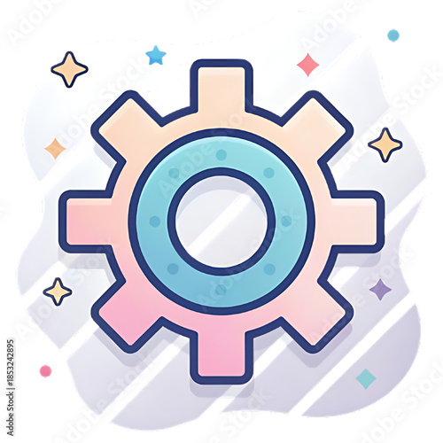 Gear icon with colorful stars and shapes