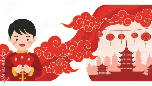 A young boy in traditional attire celebrating a cultural festival with lanterns and pagodas in the background