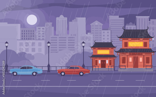 Rainy Cityscape with Traditional Buildings