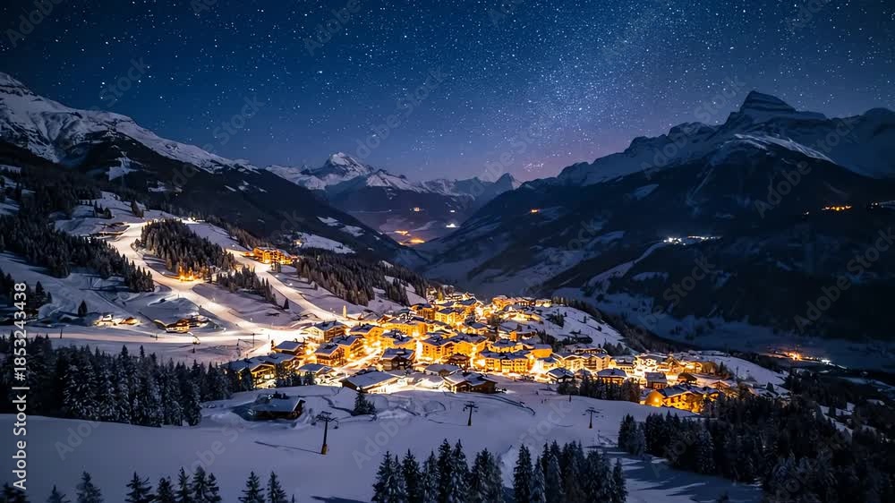 custom made wallpaper toronto digitalBreathtaking night view of a glowing mountain village nestled in a snowy alpine valley under a star filled sky.