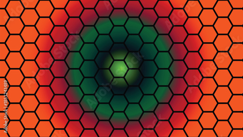 Dynamic hexagonal grid with a striking radial color gradient transitioning from warm orange to vivid green 