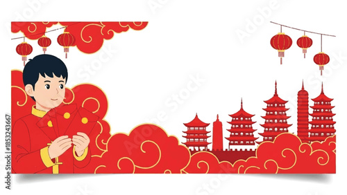 A person in traditional attire celebrates a festive occasion amidst red clouds and lanterns near a pagoda landscape.