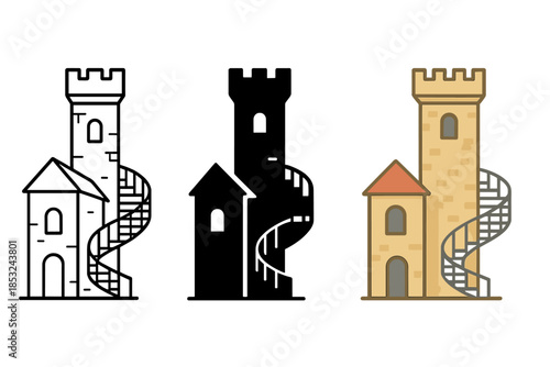 Tower with Spiral Staircase. Old tower, added small structure, spiral staircase, first in line style with thin outline, second in