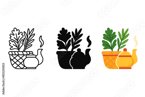 Herbal Tea Basket. Woven basket, assorted herbs, steaming teapot, first in line style with thin outline, second in solid style