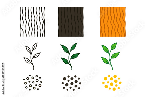 Floating Spores and Vines. Bark patterns, evolved vines, floating spores, first in line style with thin outline, second in solid