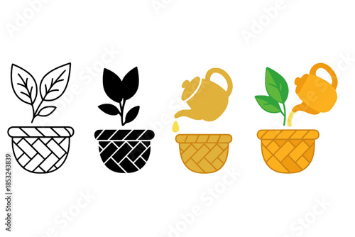 Herbal Infusion Artistry. Herbal leaves, basket weave, pouring infusion, first in line style with thin outline, second in solid