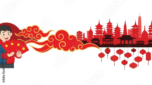 A woman holding a lantern in front of a Chinese cityscape with red lanterns and pagodas