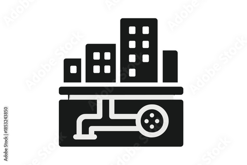 Layered City Infrastructure. Solid style icon of layered city blocks showing underground infrastructure, representing subcutaneous