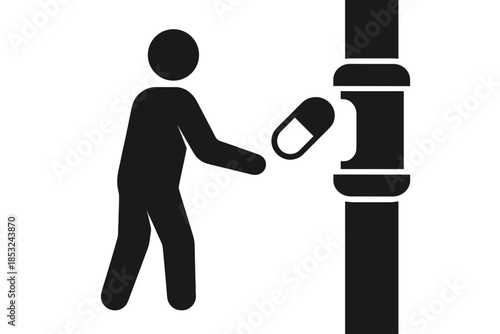 Pneumatic Tube Exchange. Solid style icon of a citizen receiving a capsule from a pneumatic tube slot, minimalist design,