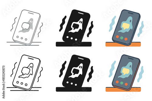 Eerie Phone Vibes. Phone on table with faint ghost waves emanating, eerie vibration effect, clean minimal icon design, first in